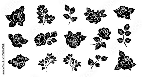 Elegant Rose Silhouettes A Collection of Black and White Floral Vector Graphics Featuring Blooming Flowers and Branches for Design Projects