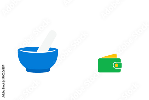 Bowl and wallet placed next to each other showing different objects used in daily life for cooking and managing money