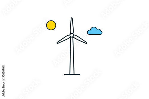 Wind turbine stands tall under clear sky with sun and cloud, representing renewable energy and sustainable practices