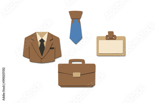 Business attire items arranged on a plain background with a focus on a suit, tie, briefcase, and name tag for professional settings