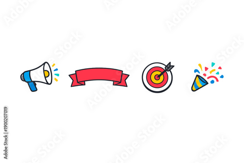 Celebrating achievements with a loudspeaker, a target, a banner, and a party horn at a gathering in the evening