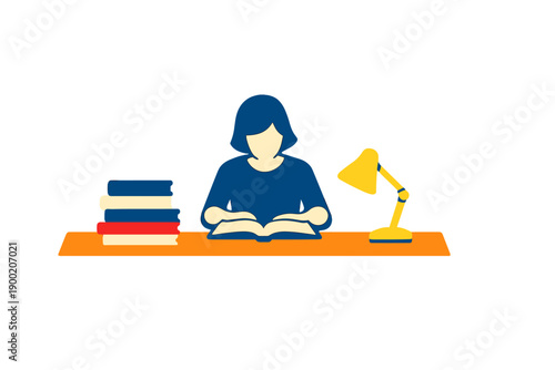 Person studying at a desk with books and a lamp in a bright setting during the daytime