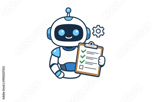 Robot holds clipboard and looks happy while checking tasks in a simple design