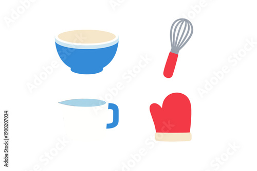 Items used for cooking and baking are arranged on a plain background including a bowl, whisk, measuring cup, and oven mitt