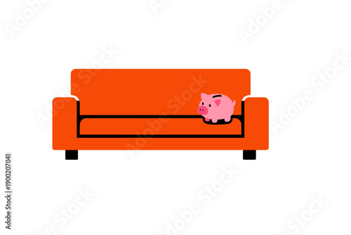 Couch with a piggy bank sitting on it in a simple room setting during the daytime