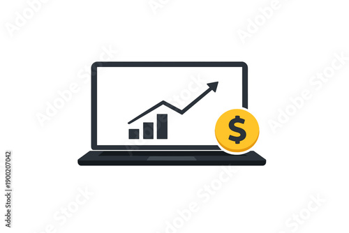 Business growth shown on laptop with upward trend and dollar sign next to it in digital setting during daytime
