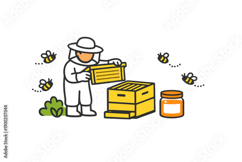 Beekeeper inspects a hive while collecting honey in a sunny outdoor location with bees buzzing around