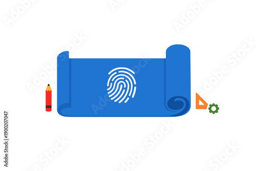 Design blueprint with a fingerprint symbol and tools on a blue scroll, representing creativity and innovation in design projects and technology applications