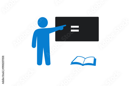 Instructor points at a blackboard with an equation during teaching session in a classroom setting in early morning hours