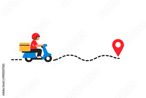 Delivery person rides a scooter towards a location on a map marked with a pin while following a winding path during daytime hours