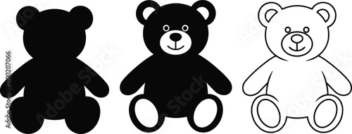 Teddy bear vector illustration set, cute plush toy silhouette and outline styles, black and white nursery design, kids graphic icon