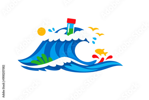 Bright wave with bottle and fish at beach scene during daytime with sun, clouds, and flying birds representing nature and water activities