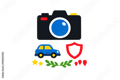 Colorful icons of a camera, car, shield, stars, and leaves represent themes of photography, travel, safety, and celebration in a simple and engaging design