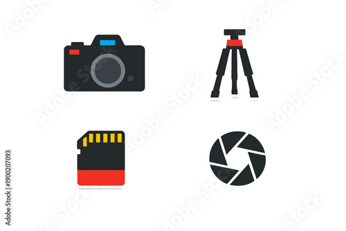 Items used for photography include a camera, tripod, memory card, and lens, displayed together on a flat surface during daylight
