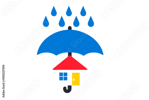 Umbrella over a small house with rain falling from above to show safety and protection during bad weather