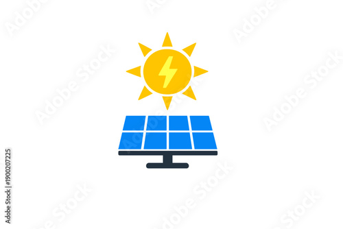 Solar energy system shows sun and solar panel with lightning symbol to represent energy conversion from sunlight