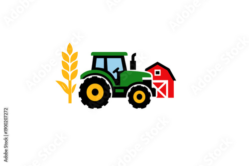 Farm equipment and barn in a rural setting with crops during the daytime showing farming life and agricultural practices in action