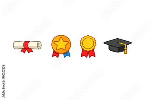 Various icons showing academic achievements such as a diploma, medals, and a graduation cap displayed in a simple arrangement