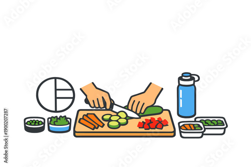 Hands slice vegetables on a cutting board in a kitchen with containers of food nearby and a water bottle in bright light during the day