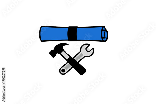 Tools and blueprint represent construction work and repair tasks at a building site during the day