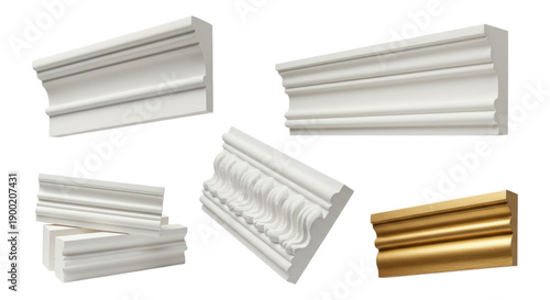 Assortment of classical white and gold crown molding and cornice trim samples in various decorative profiles