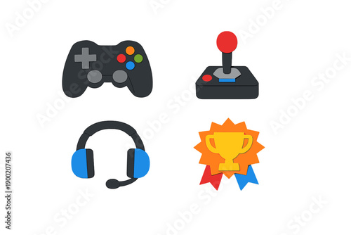 Different gaming items including a game controller, arcade joystick, headset, and trophy on a plain background for gaming enthusiasts and competitions