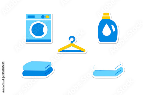 Clean clothes and laundry tools are shown in a simple layout with a washing machine, detergent bottle, hangers, and folded towels