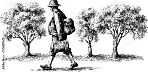 Vintage botanical engraving of a person walking with small bag in nature scene