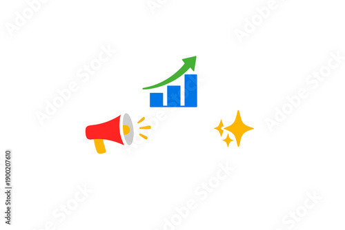 Increasing business growth and engagement using marketing techniques with visual elements like charts and megaphones