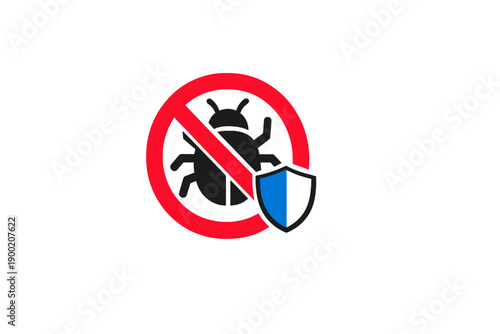 Image shows a warning symbol for pest control at a home. The sign features a bug crossed out and a shield representing protection against insects