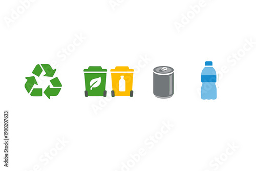 Different types of recycling and waste bins with bottles and cans on a white background representing recycling options for waste disposal