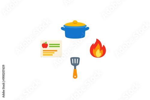 Cooking pot and ingredients on a recipe card with a spatula and a flame representing a cooking activity in a kitchen setting