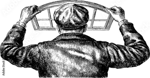 Daily routine illustration of person closing window in vintage botanical style