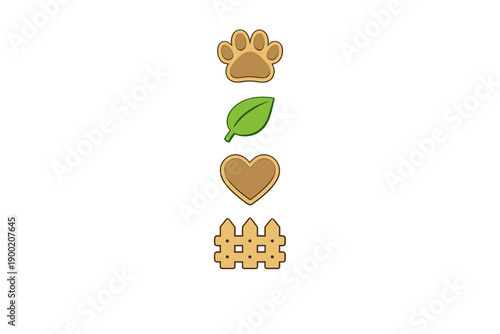 Four shapes show a paw print, a leaf, a heart, and a fence placed one below the other