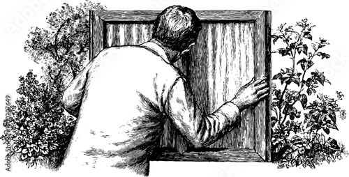 Vintage botanical engraving of person closing window with floral elements