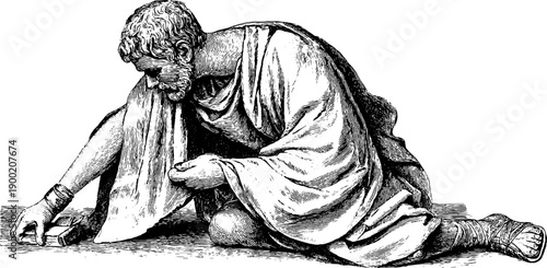 Vintage botanical engraving of a calm person eating seated