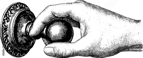 Vintage engraving of hand opening door with botanical detail