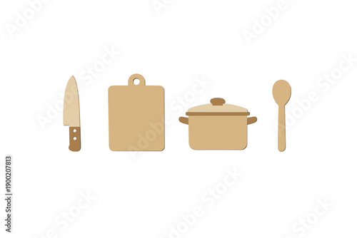 Kitchen tools are placed on a workspace with a knife, cutting board, pot, and spoon in a simple layout for cooking preparation