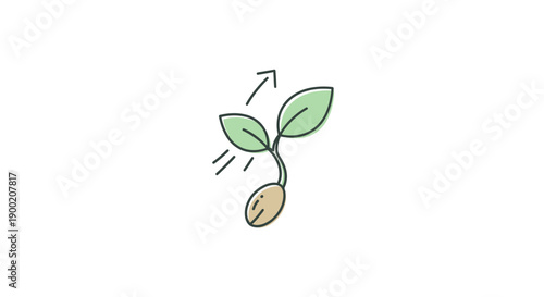 Simple line drawing of a sprouting seed with green leaves.
