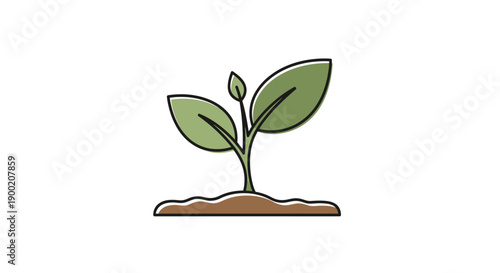 Simple line art illustration of a young green plant with leaves growing from the soil.