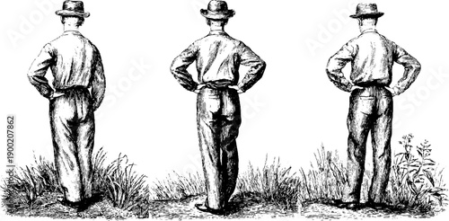 Vintage illustration of a person standing in a waiting posture with botanical elements