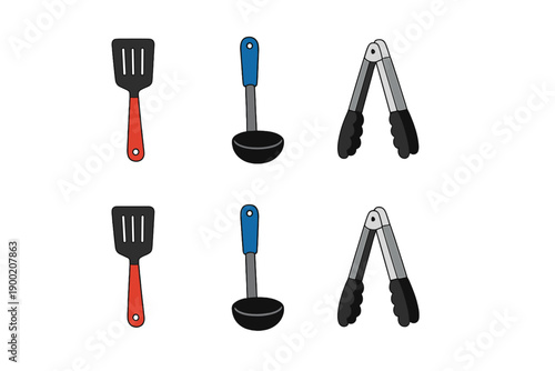 Different kitchen tools arranged in two rows showing a spatula, a ladle, and tongs with various colors and designs on a simple background