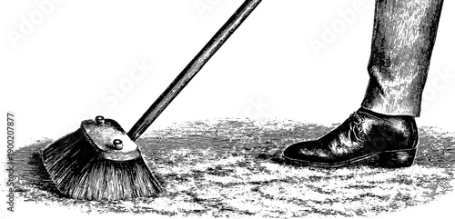 Vintage silhouette of a person sweeping floor in motion for retro design and decor