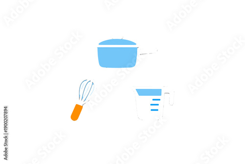 Kitchen items including a pot, a whisk, and a measuring cup are shown together on a plain background in a simple and clear layout for cooking purposes