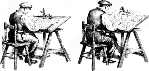 Vintage scholar at writing desk: botanical engraving design for print or poster