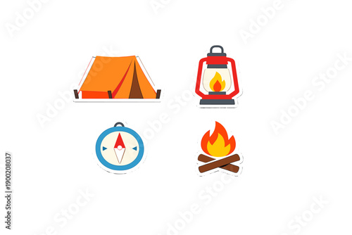 Camping essentials like a tent, lantern, campfire, and compass for outdoor adventures during summer trips in nature