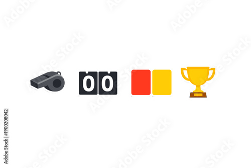 Event of a sports match with a whistle, scoreboard, cards, and trophy displayed at the end of the game