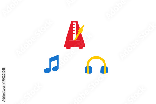 Colorful symbols of music and rhythm showing a metronome, music note, and headphones arranged on a white background during day time in an artistic way