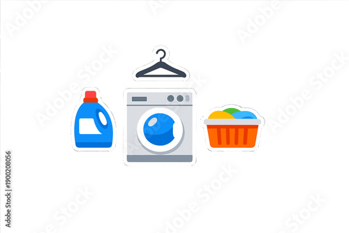 Laundry equipment and supplies shown together in a simple layout for daily household chores and cleaning tasks