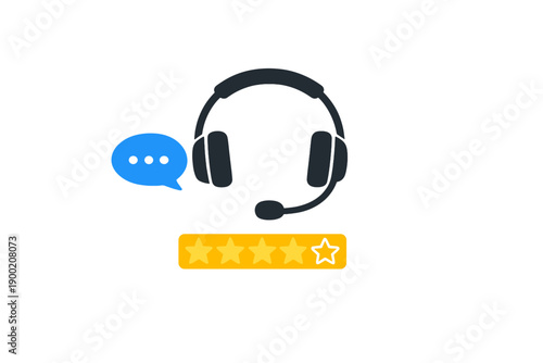 Customer support headset with speech bubble and rating stars showing feedback from users